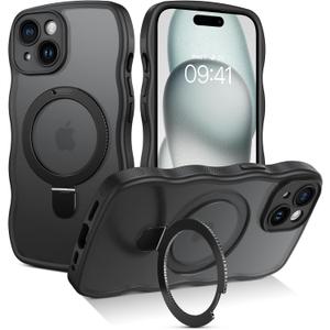 BENTOBEN Magnetic for iPhone 15 Case with Invisible Stand, [Curly Wave Edge] [Compatible with Mag-Safe] Slim Translucent Matte Shockproof Protective Cover Case for iPhone 15 6.1", Black