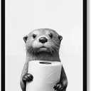 Framed Black and White Bathroom Canvas Wall Art, Funny Animal Bathroom Decor Cute Otter Holding A Roll of Toilet Paper Picture Modern Humor Painting Wall Decor Ready to Hang 24'' x 16''