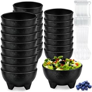 LOSYHU 24 Pack 13.5 OZ Salsa Bowls for Party, Unbreakable Guacamole Bowl Plastic Mexican Salsa Bowls Bulk Small Molcajete Bowl with Spoons and Forks for Fiesta, Chips, Dip, Candy, Black