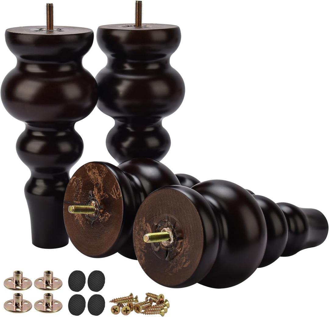 Btowin 4 Pack Large Walnut Turned Wood Furniture Legs with M8 Threaded Hanging Bolts, Mounting Plate and Screws for Sofa, Ottoman, TV Cabinet, Bed