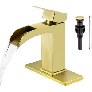 Faustina Brushed Gold Waterfall Bathroom Faucet 1 Hole Single Handle,Wide Open Spout Waterfall Bathroom Faucet with Pop Up Drain,Stainless Steel Utility Sink Faucet RV Bathroom Vanity Faucet Basin