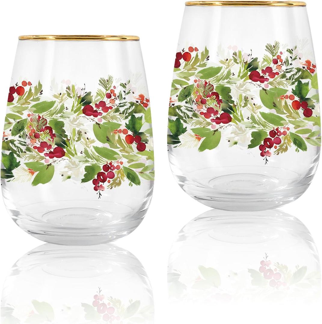 Whaline 2Pcs Christmas Stemless Wine Glasses 17oz Holly Berries Drinking Glasses Clear Green Red Watercolor Tumbler Cups with Gold Rim for Xmas Winter Party Supplies