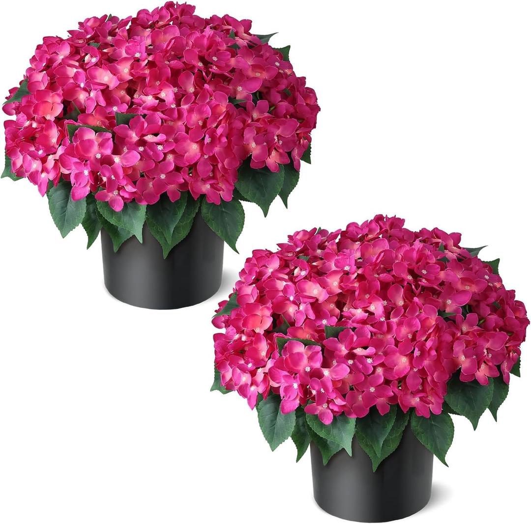 FOTEEWL Artificial Hydrangea Flower Topiary Trees - 2 Sets Faux Silk Flower Potted Plant, UV Resistant Fake Outdoor Hydrangea Bush for Front Door, Farmhouse,Garden, Porch Decor (Rose Red)