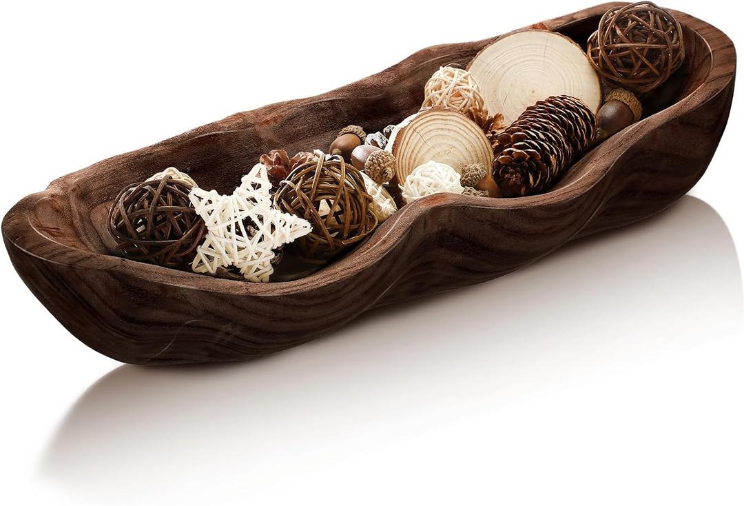 Nuogo 1 Pack 16 Inch Wavy Live Edge Dough Bowl Large Size Wood Rustic Dough Bowl Decorative for DIY Farmhouse Home Supplies Kitchen Decoration(Dark Color) (Brown)