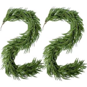 2Pcs Christmas Norfolk Pine Garlands, 6Ft Real Touch Artificial Faux Winter Dense Greenery Garland for Table Mantle Fireplace Wall Fence Stair Window Xmas Wreath Indoor Outdoor Holiday Decoration