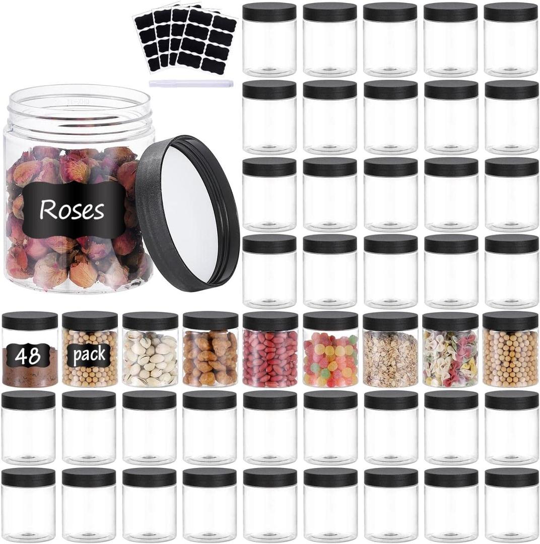 48PCS 8OZ Plastic Jars with Screw On Lids, Labels Refillable Empty Round Slime Containers for Storing Dry Food, Honey Jam, Cream, Butter, Lotion (48Black)