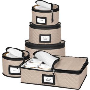 China Storage Containers 5-Piece Set Moving Boxes for Dinnerware, Glasses, Plates, Mugs and Saucers Sturdy Quilted Microfiber Dish Organizer with Dividers for Seasonal Storage - Holds Set of 12, Brown