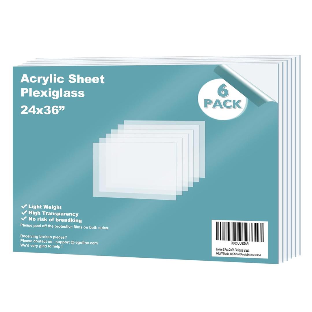 Egofine Plexiglass Sheets Acrylic Sheets 6 Pack of 24x36 0.04 Thick Clear Plastic Cast Transparent Plexi Glass for Crafting Projects, Replacement Picture Frame Glass, DIY Display, Easy to Cut