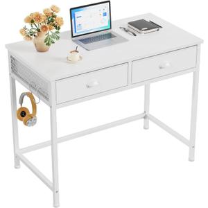 Furologee White Small Computer Desk with 2 Fabric Drawers for Bedroom,34 Inch Simple Home Office Writing Desk, Vanity Desk with Hooks, Study Table for Adults Student Small Spaces