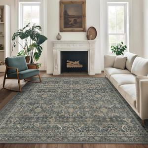 8X10 Ft Area Rugs Machine Washable Rugs for Living Room, Vintage Boho Large Rugs for Bedroom Dining Room, Non Slip Indoor Soft Distressed Lightweight Thin Low Pile Carpet, Deep