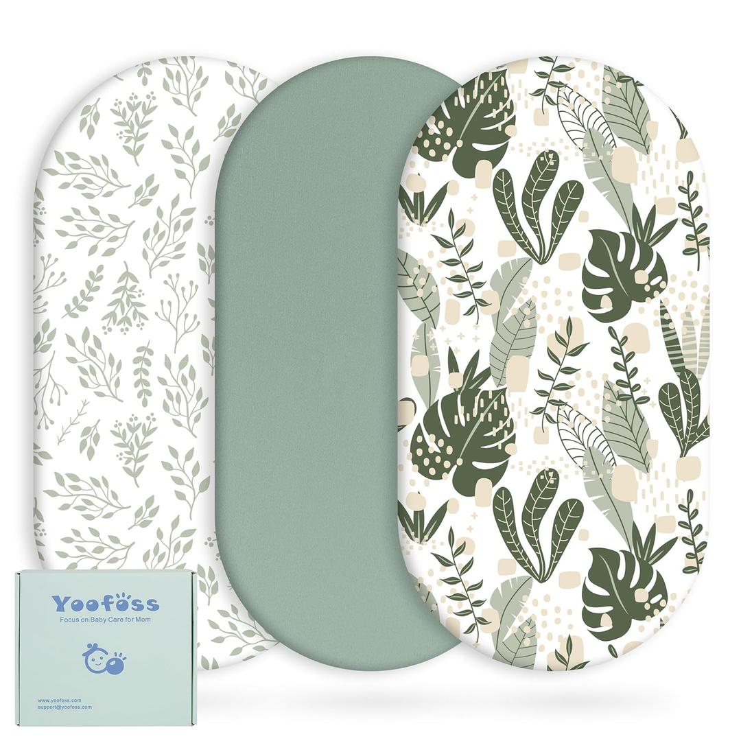 Yoofoss Bassinet Sheets Baby Girl Boy, Fitted Bassinet Sheet Set 3 Pack Universal Fit for Cradle Moses Basket Oval Rectangle Round Hourglass Mattress, Soft Breathable (Green+Leaf)