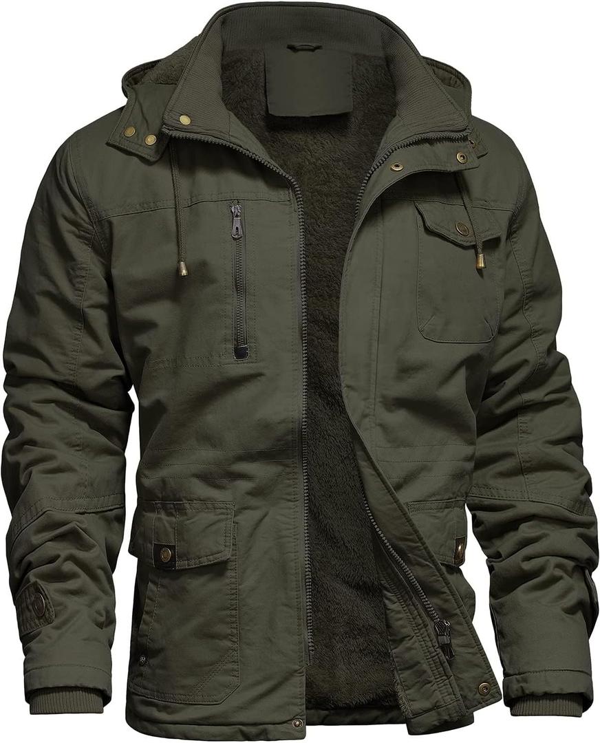 Mens Jacket Winter Casual Fleece Lined Cotton Thick Military Tactical Hooded Work Coats with Cargo Pockets 2XL