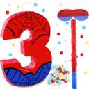 16 Inch Number 3 Spider Pinata with 16 Inch Piata Stick Blindfold Confetti for Boy Girl Kids 3rd Birthday Party Decorations (3rd)
