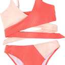 Women's 2 Piece Colorblock High Waisted Wrap Spaghetti Strap Summer Swimsuit Bikini Set (Orange, L)