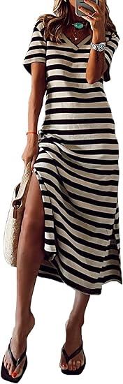MARZXIN Women 2025 Casual Maxi Dress Short Sleeve V Neck Stripe Sundress Split Loose Long Summer Tshirt Activewear Dress Small