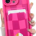 KANGHAR Compatible with iPhone 14 Pro Case, Wallet Silicone Checkered Cute Pattern, Card Holder Camera Protection Soft Slim Shockproof Edge Phone Cover for Girls Women -Hot Pink