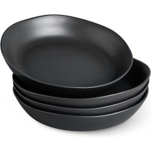 AmorArc 9.75'' Ceramic Large Pasta Bowls, 38oz Stoneware Flat Serving Bowls Set of 4, Oven,Microwave&Dishwasher Safe Bowls with Wavy Rim for Fruit Pasta Salad Meal, Matte Black
