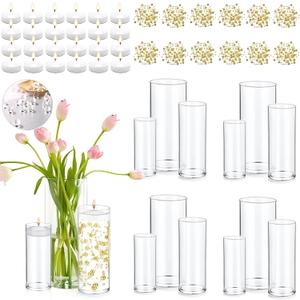 Set of 12 Glass Cylinder Vases for Centerpieces with 8 Pack Vase Filler 12 Pearl String 24 White Floating Candles for Table Centerpieces for Wedding Party Home Decor 5, 6, 8 Inch
