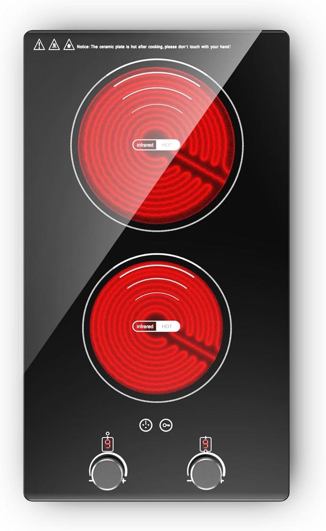VBGK Electric Cooktop,110V 2400W Electric Stove Top with Knob Control,9 Power Levels, Kids Lock & Timer, LED touch control, Overheat Protection Electric stove,24 Inch desktop 2 burner