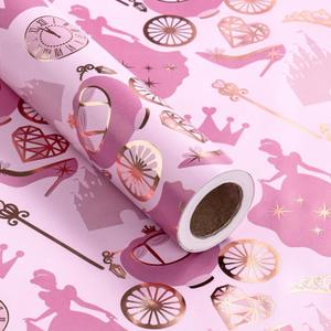 RUSPEPA Princess Wrapping Paper Roll, Mini Roll, Pink Fairy Tale with Carriage, Castle, Crown, Glass Slipper and Magic Wand Design, Gold Foil Gift Wrap for Girls Birthday, Party, 17 Inches x 16.4 Feet