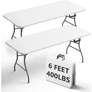 6FT Folding Table 2 Pack, Heavy Duty Plastic Table with Handel, 400 lbs Portable Table, Reinforced Steel Legs, Fold-in-Half Table Ideal for Parties, Picnics, Weddings, Camping White
