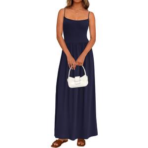 PRETTYGARDEN Womens Spaghetti Strap Maxi Dresses Sleeveless Summer Dress Long Casual Knit Flowy Beach Sundresses with Pockets (Blue, L)