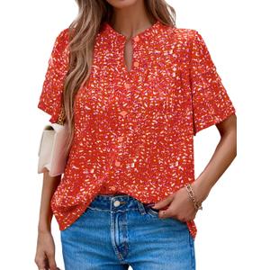 MASCOMODA Womens Tops Summer Boho Floral Short Sleeve Button Down Shirts Crewneck Loose Vacation Dressy Casual Work Blouses (Orange, S)