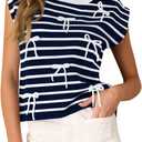 Saodimallsu Womens Striped Bow Top Cap Sleeve Summer Cute Crewneck Going Out Lightweight Knit Sweater Vest Tops (Small, Navy)