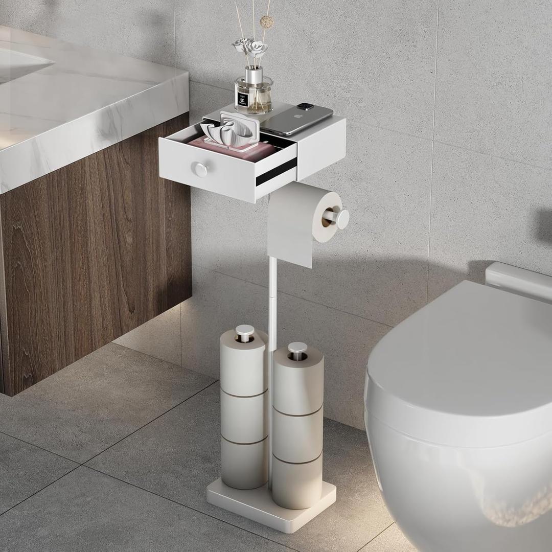 VOLDRA Toilet Paper Holder Stand with Shelf, Free Standing Toilet Paper Roll Holder with Wipes Storage Drawer Heavy Duty Floor Bathroom Tissue Holder Freestanding No Drill Tp Holder for 7 Rolls(White)