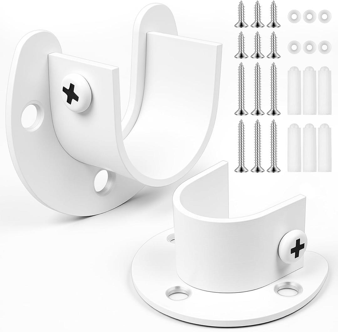 2Pcs Heavy Duty Stainless Steel Closet Rod Bracket Holder (White, 1-1/4")