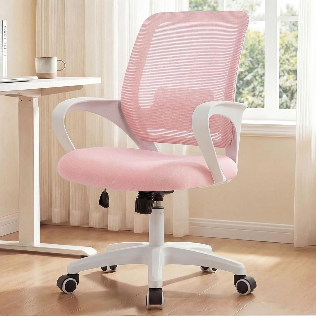 NEO CHAIR Office Desk Ergonomic Computer Mesh Chair with Lumbar Mid Back Support Adjustable Height Swivel Rolling Wheels Comfy Task Vanity Chair for Home Bedroom Study (Pastel Pink)