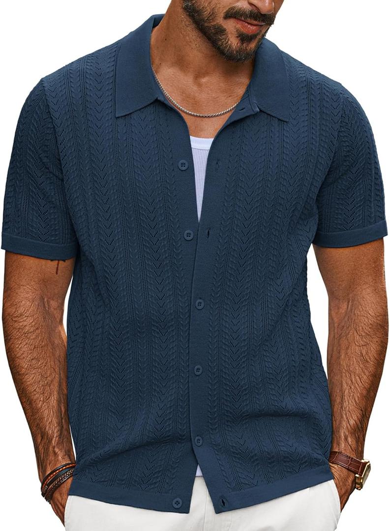 PJ PAUL JONES Blue Button Down Shirt Men Fitted Knit Polo Mens Short Sleeve Shirts Casual Summer Beach Tops, Navy Blue, X-Large