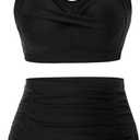 Hanna Nikole Women's Plus Size Twist High Waist V Neck Bikini Sets Ruched Tummy Control Bathing Suit Black 14W
