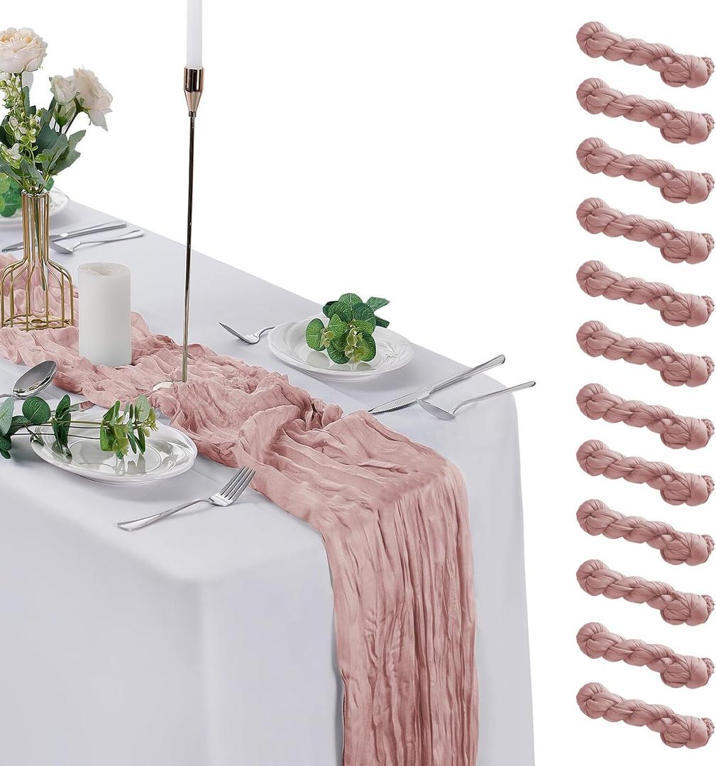 12 Pack Cheesecloth Table Runner 9ft,17 x 108 inch Gauze Table Runner Rustic Romantic Wedding Runner for Wedding Bridal Shower Fall Decoration,Dusty Pink