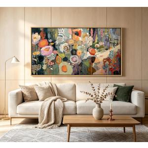 Wooden Framed Colorful Flower Wall Art,Abstract Botanical Canvas Print,Long floral landscape Picture Poster,Vintage Watercolor Floral Painting Artwork for Bedroom Living Room Office