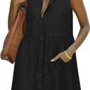 PYGFEMR Women's Summer Babydoll Dress Button Down Tired Sleeveless T Shirts Dresses with Pockets (Black), Size: L