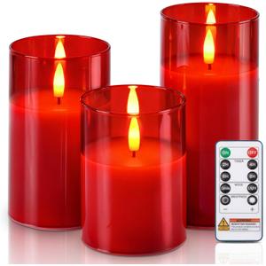 Homemory Red Glass Flameless Candles, Battery Operated LED Pillar Candles with Remote Control and Timer, Radiance Candles, Real Wax, Set of 3,D3 xH4 5" 6"