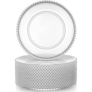 Hoolerry 12 Pcs Clear Charger Plates Bulk 13 Inch Plastic Round Dinner Plate with Beaded Rim Acrylic Round Plates Decorative Charger Service for Home Birthday Wedding Party Events Table Decor