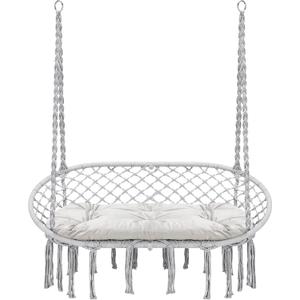 Hammock Chair Macrame Hanging Swing with Cushion,Hanging Cotton Ropes, Metal Frame, 450 lbs Capacity Indoor Outdoor, Patio, Balcony, Living,Deck, Yard, Garden(Double Swing) (Gray)