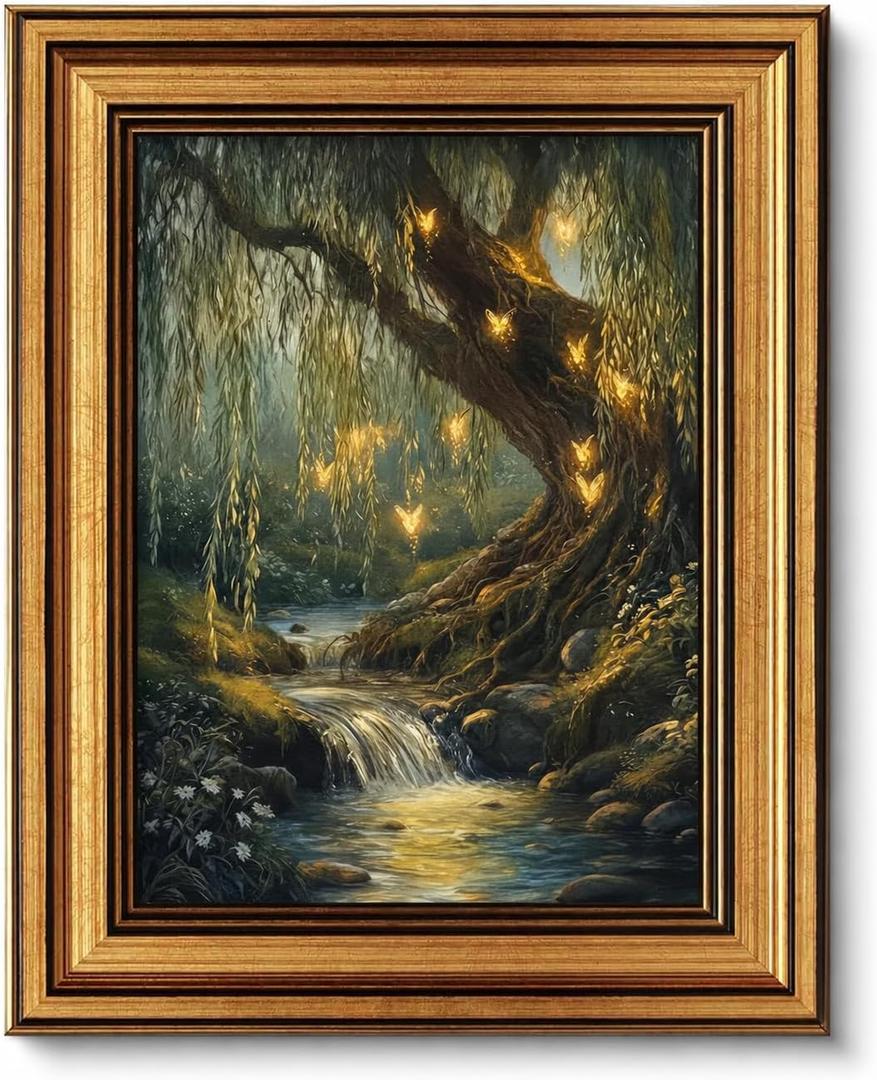 Vintage Gold Framed Forest Wall Art Dark Whimsical Tree Painting Picture Wall Decor Fairy Enchanted Forest Poster Print Artwork for Bedroom Living Room Bathroom Office Home Decoration, 11"L x 9"W