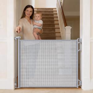 Retractable Baby Gate for Stairs & Doorways - 55" Wide Portable Safety Gate | Fits Baseboards, Easy to Use Indoor/Outdoor | Mesh Gate for Dogs, Puppies, Gray