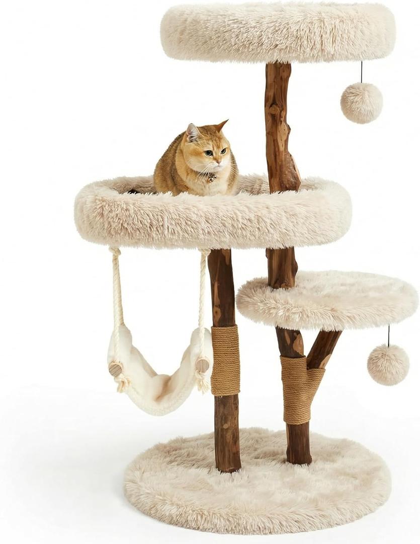 Letkind Modern Cat Tree Tower for Large Indoor Cats, Perches-Natural Solid Wood Cat Tower with Sisal Scratching Post, Perches, Hammock & PlayBalls, Aesthetic Boho Cat Furniture