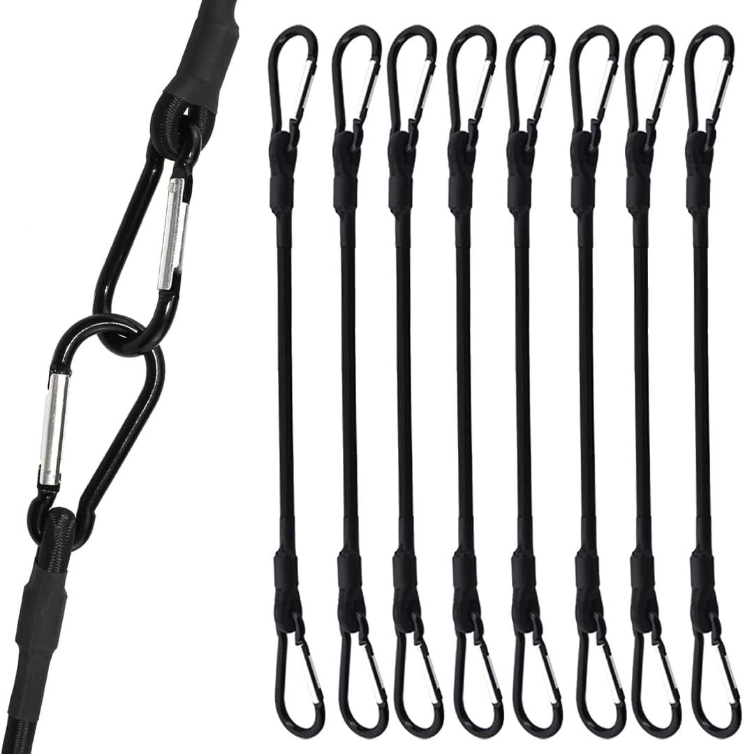 8 Pack Bungee Cord with Hooks, 12 Inch Adjustable Heavy Duty Carabiner Bungee Cord with Black Bungee Straps & Hooks, High Break Strength for Outdoor Luggage Rack, Cargo, Hand Carts, Bike, Camping Gear