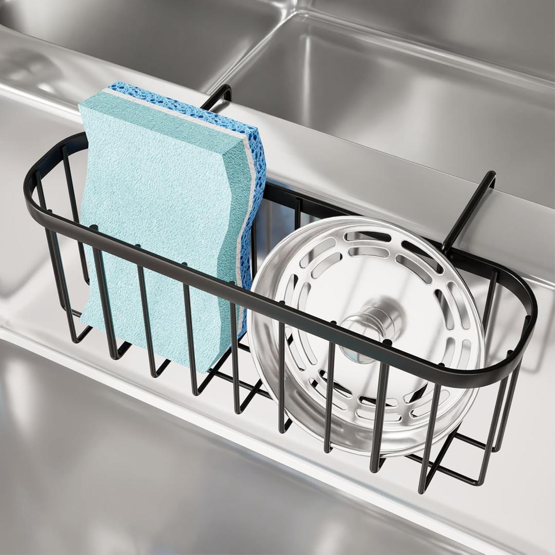 SWTYMIKI Sponge Holder for Kitchen Sink with Partition, Movable Kitchen Sink Caddy with Compact Size Stainless Steel Hanging Sink Sponge Caddy for Double Bowl Sinks, Black