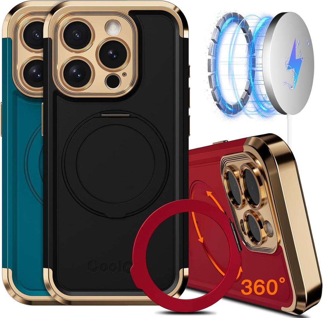 COOLQO for iPhone 14 Pro Max Case 6.7'' Upgraded 360 Spin Magnetic Stand [Compatible with Magsafe][Military Protection] Shockproof Protective Phone Holder Cover for iPhone 14 Pro Max, Black Gold