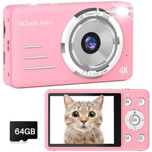 Digital Camera, 4K 64MP UHD 18X Autofocus Digital Zoom with 64GB Micro SD Card 2.8 Inch IPS Screen, Portable Compact Point and Shoot Vlogging Camera for Photography Teens Beginner Adult, Pink