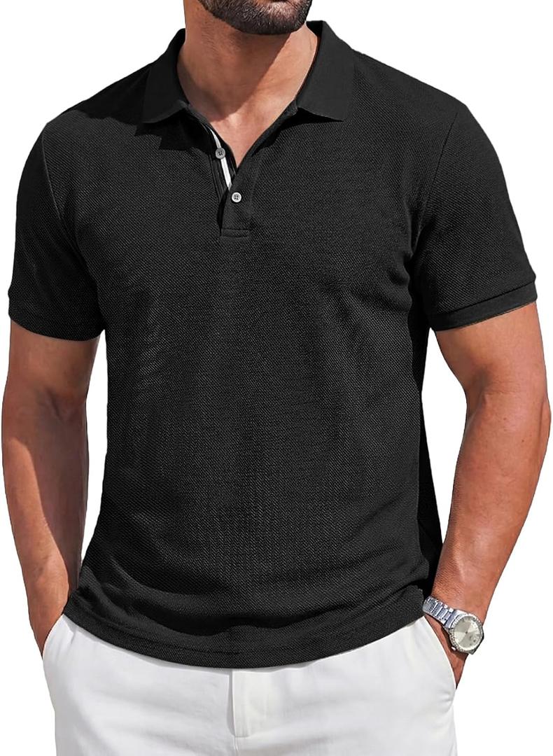 Runcati Mens Polo Shirts Short Sleeve Casual Work Golf T-Shirt Cotton Lightweight Regular Fit Summer Tees (Black)