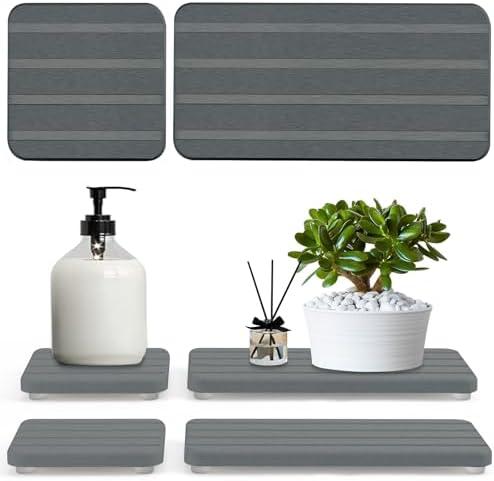 Clakioom 4PCS Water Absorbing Stone Tray for Sink,Stone Drying Tray,Diatomite Stone Sink Tray,for Placing Kitchen and Bathroom Supplies,6.3 × 3.15inch and 3.15 × 3.15inch-Dark Gray