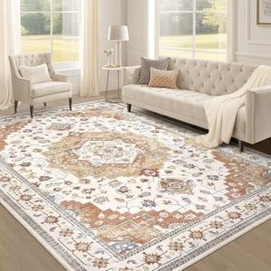 EIEIHOUSE Area Rugs for Living Room: Washable 9'x12' Living Room Rug Large Soft Vintage Floral Farmhouse Indoor Retro Area Rugs for Bedroom Dining Room Home Office - Yellow/Brick Red/Beige