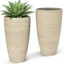ZMTECH 2-Pack Large Tall Planters with Saucer - 6.8 Gallons /12x21 Inch Faux Stone Finish Round Flower Pots for Indoor Plants, Outdoor Patio & Porch Decor, Unbreakable Plant Containers Beige